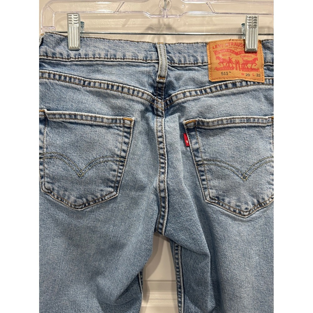 Levis 511 Slim Fit Jeans Mens 29x32 Light Blue Ripped Denim (fits 28x30) - Picture 9 of 11